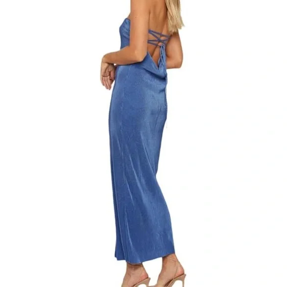 Blue Strapless Tie Back Pleated Wedding Guest Maxi Dress - Picture 2 of 2